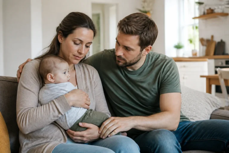 Родители седят заедно с бебето си